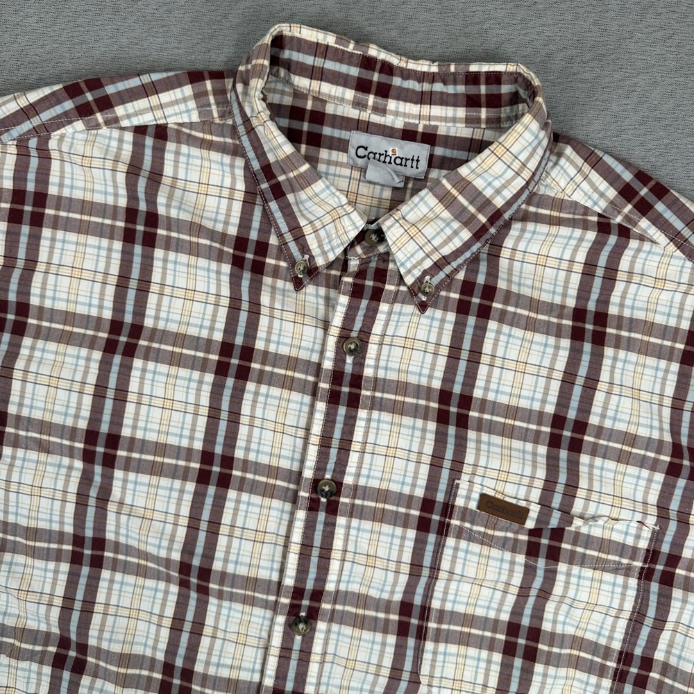 Carhartt Shirt Mens 2XL Burgundy Tan Plaid Short Sleeve Button Down Workshirt